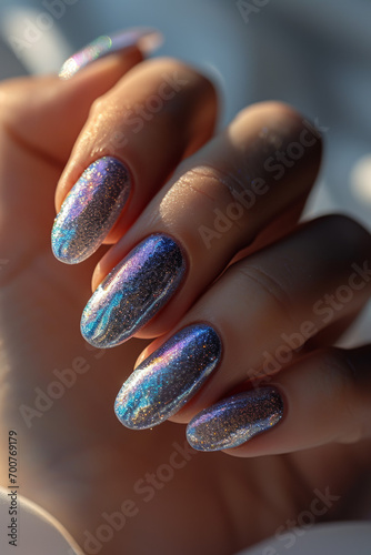 Holographic glitter ombre nails, almond shape, sparkling in sunlight with a soft-focus background.