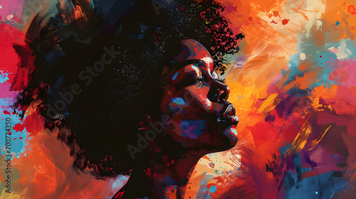 An illustration of artificial intelligence technology shows the silhouette of a beautiful African American woman in support of Black Lives Matter and Black History Month,