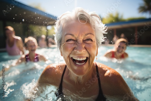 Healthy smiling senior woman swimming in the pool