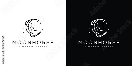 Creative Moon Horse Logo. Moonlight, Crescent Star and Horse with Linear Outline Style. Elegance Horse Logo Icon Symbols Design Vector Template.