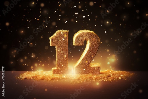 Golden sparkling number twelve on dark background with bokeh lights. Symbol 12. Invitation for a twelfth birthday party or business anniversary.