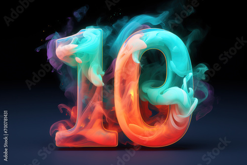 Colorful number ten with vibrant smoke on dark background. Symbol 10. Invitation for a tenth birthday party or business anniversary. Neon light and colors.