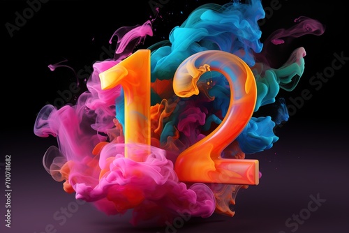 Colorful number twelve with vibrant smoke on black background. Symbol 12. Invitation for a twelfth birthday party or business anniversary. Neon light and colors.