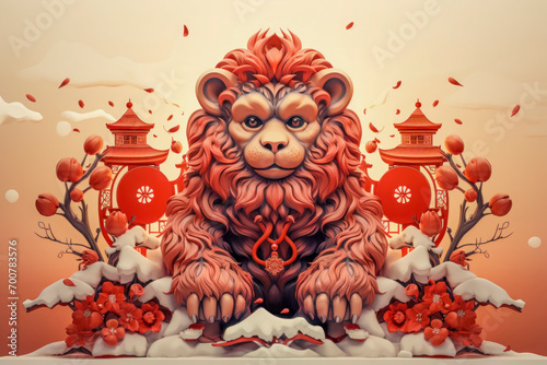 Majestic Lion Sculpture with Chinese Pagodas in Artistic Scene