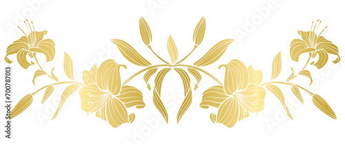 Gold lily flowers bouquet . Detailed lili peony flowers stencil vector illustration. 