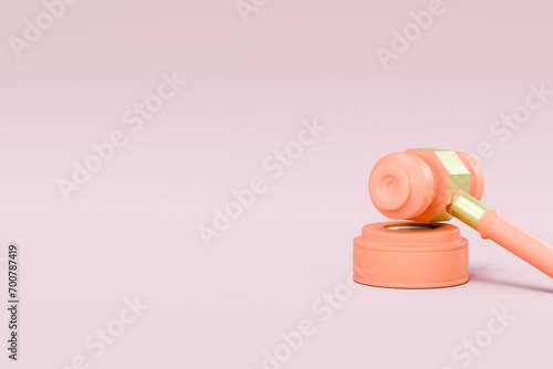 3D Minimal brown, orange gavel icon isolated on pink pastel background. Judges arbitrate courthouse concept. judgement Hammer. minimal cartoon.3D Rendering. Banner, a place for text, copy space.