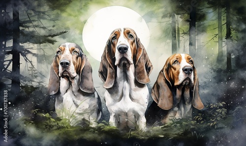 basset hound dogs in a group of 3 facing different of the moon
