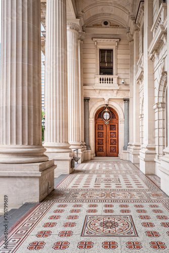 Wood Gate in the Parliament House is the meeting place of the Parliament of Victoria, its grand colonnaded front dominates the vista up Bourke Street. Melbourne, Australia, Dec 2019