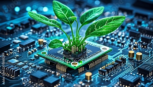 Green electronics. Plant sprouts on a microchip processor. Green technology. Environmental friendly technology and plants. Generative AI
