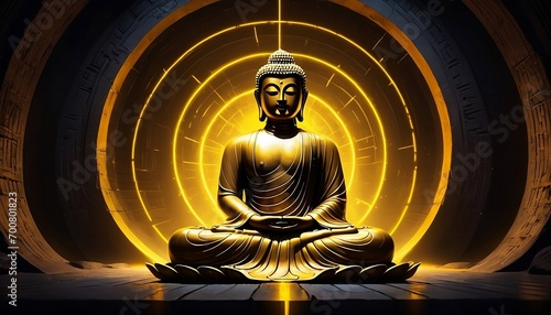 Image of meditating Lord Buddha statue with yellow gold neon lights in dark tunnel. Generative AI