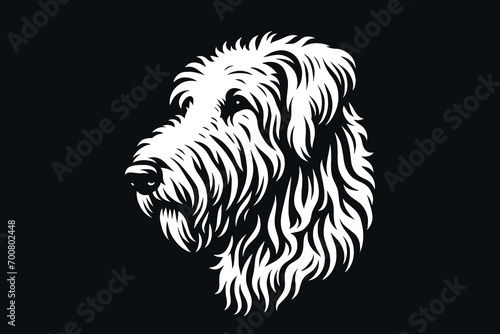 Irish Wolfhound dog. Beautiful engraving icon, logo. Woodcut illustration, vector. Black on white