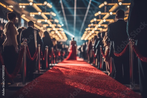 Female silhouette in a red dress on the red carpet. Cinema. Celebrity meeting