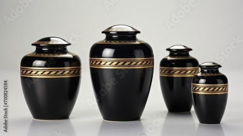 Set of classic black urns with gold trim, suitable for memorials or elegant home decor themes