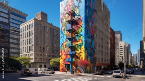 Urban Tapestry: Vibrant Skyscraper Mural Uniting Cityscape and Creative Expression