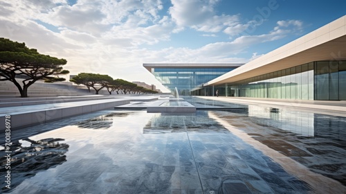 Reflective Oasis: Captivating Water Feature Embraces Modern Architecture and Sky in Artistic Plaza