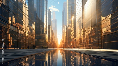 Urban Elegance: Captivating Sunlight and Shadow Dance on Mirrored Skyscrapers, Showcasing the Beauty of Modern Architecture