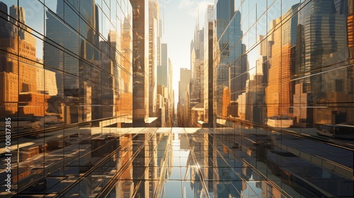 Urban Elegance: Captivating Sunlight and Shadow Dance on Mirrored Skyscrapers, Showcasing the Beauty of Modern Architecture