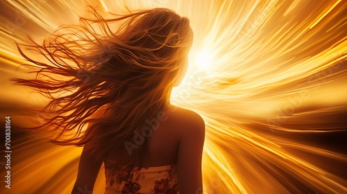 A woman's golden hair flows in the wind, backlit and glowing, radiating with power.