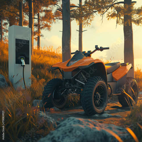 Sustainable Travel: The Electric Quad Bike Charging Amidst the Tranquil Woods