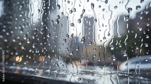 Urban Serenity: Raindrops Glisten on Transparent Sculpture, Revealing a Vibrant Cityscape