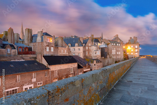 Old Town of walled city Intra-Muros in Saint-Malo at sunset, Brittany, France
