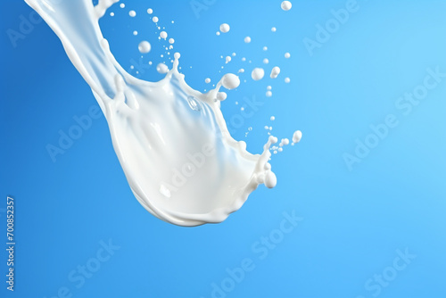 Milk glass with falling drops and splash on blue background