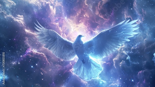 Artistic representation of the Holy Spirit as a luminous dove in a celestial background, symbolizing divinity and purity.