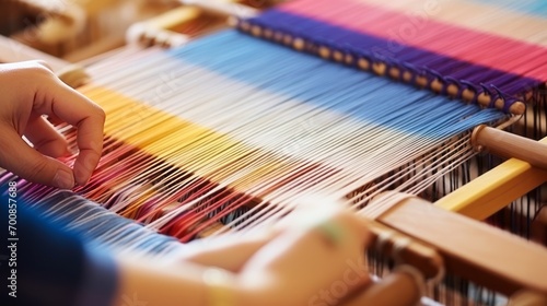 Vibrant Threads: Masterful Hands Weaving a Colorful Tapestry on a Loom - Captivating Artistry and Craftsmanship