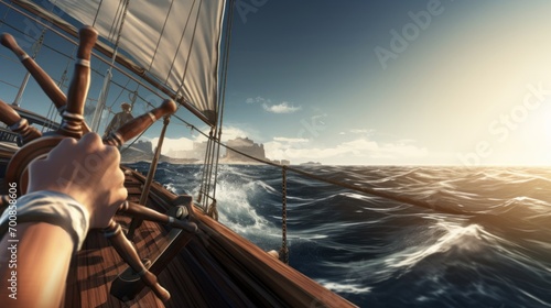 Navigating the Boundless Horizon: Captivating Captain's Hands Steering Sailboat through the Open Sea
