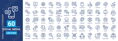 Social media outline icon set. Containing like, share, social network, comment, profile, connection, networking, friends and more. Line icons vector collection.