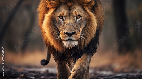Male lion walking looking straight at the camera, national wildlife day