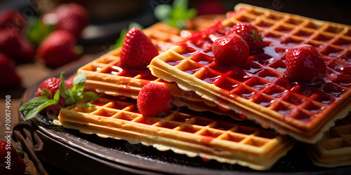 cake with strawberries and chocolate, Top view strawberry jam and waffles on black background, Strawberries and wafer on a white plate, generative AI