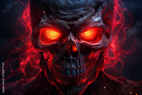 Menacing demonic skull with glowing eyes and fiery red aura