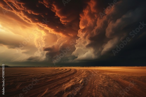 Scenic dirt road in a rural field under dramatic cloudy skies