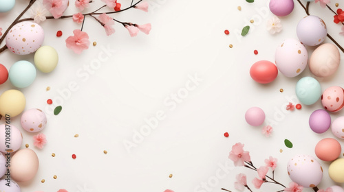A vibrant frame of multicolored Easter eggs and spring blossoms on a clean white background with space for text.