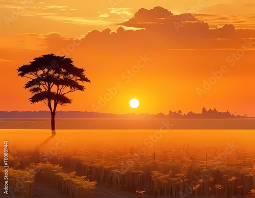 オレンジの野原の夕焼けとシルエット