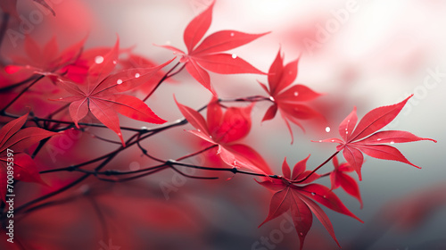 Close up of acer plant red leaves in misty diffuse light ambient occlusion.
