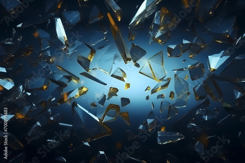 broken shards of glass floating mid air on dark background. yellow shimmering fragments flying movement 3d rendering illustration. explosion fragility destruction concept. 