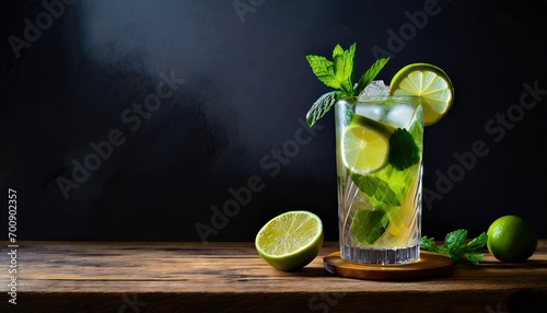Frosty mojito in glass on wood table with black background