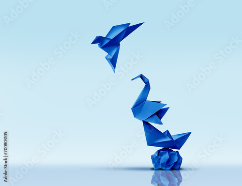 Aspiring for Greatness and Pursuing Excellence or climbing higher concept and advancing to new heights metaphor as blue origami paper sculptures as a personal development or business training.