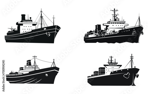 Ocean vector illustration cargo ship silhouette set, Set of silhouettes of the sea cargo ships