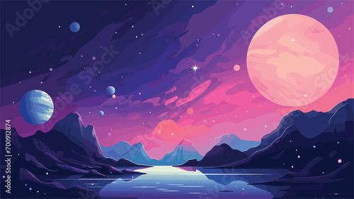  tranquility of a cosmic landscape with a vector scene illustrating a serene view of distant planets and moons. soft glow of celestial bodies against the backdrop of space