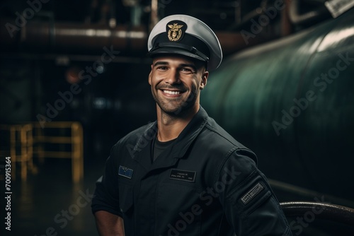 Portrait of a smiling factory worker in uniform standing in a factory.