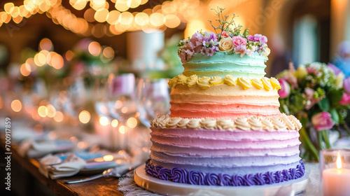 A multicolored tiered wedding cake adorned with flowers, set on a table with soft bokeh lights in the background, gay wedding concept