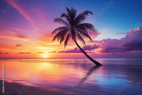 Beautiful nature tropical beach and sea with coconut palm tree at sunset time for travel and vacation