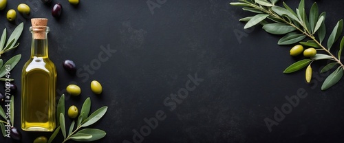 Bottles of olive oil, with olives and olive branches on a dark background with empty copy space. Generative AI.