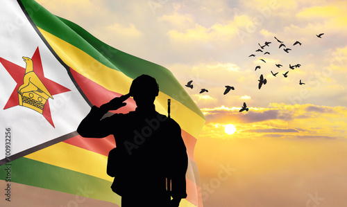 Silhouette of a soldier with the Zimbabwe flag stands against the background of a sunset or sunrise. Concept of national holidays. Commemoration Day.
