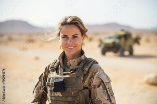 Portrait of a young female soldier standing in the desert with an army vehicle in the background