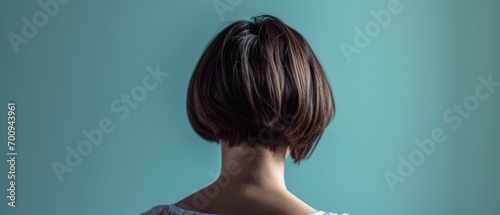  the back of a woman's head with a short, straight bobble haircut in front of a blue background.
