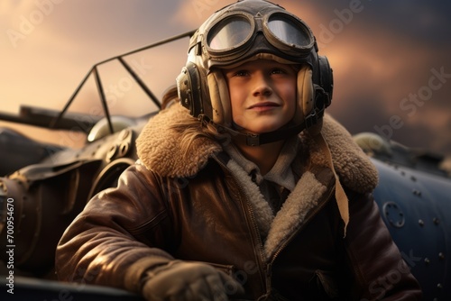 Portrait of a boy pilot in the aviator's helmet.